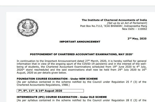 CA Exams May 20 Postponed Again..!!