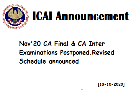ICAI Important Announcement - Nov'20 CA Exams Postponed