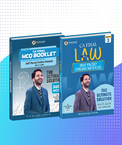 Two books titled 'CA Final MCQ Booklet' and 'CA Final Law Self Paced Online Module' on a blue and white gradient background.